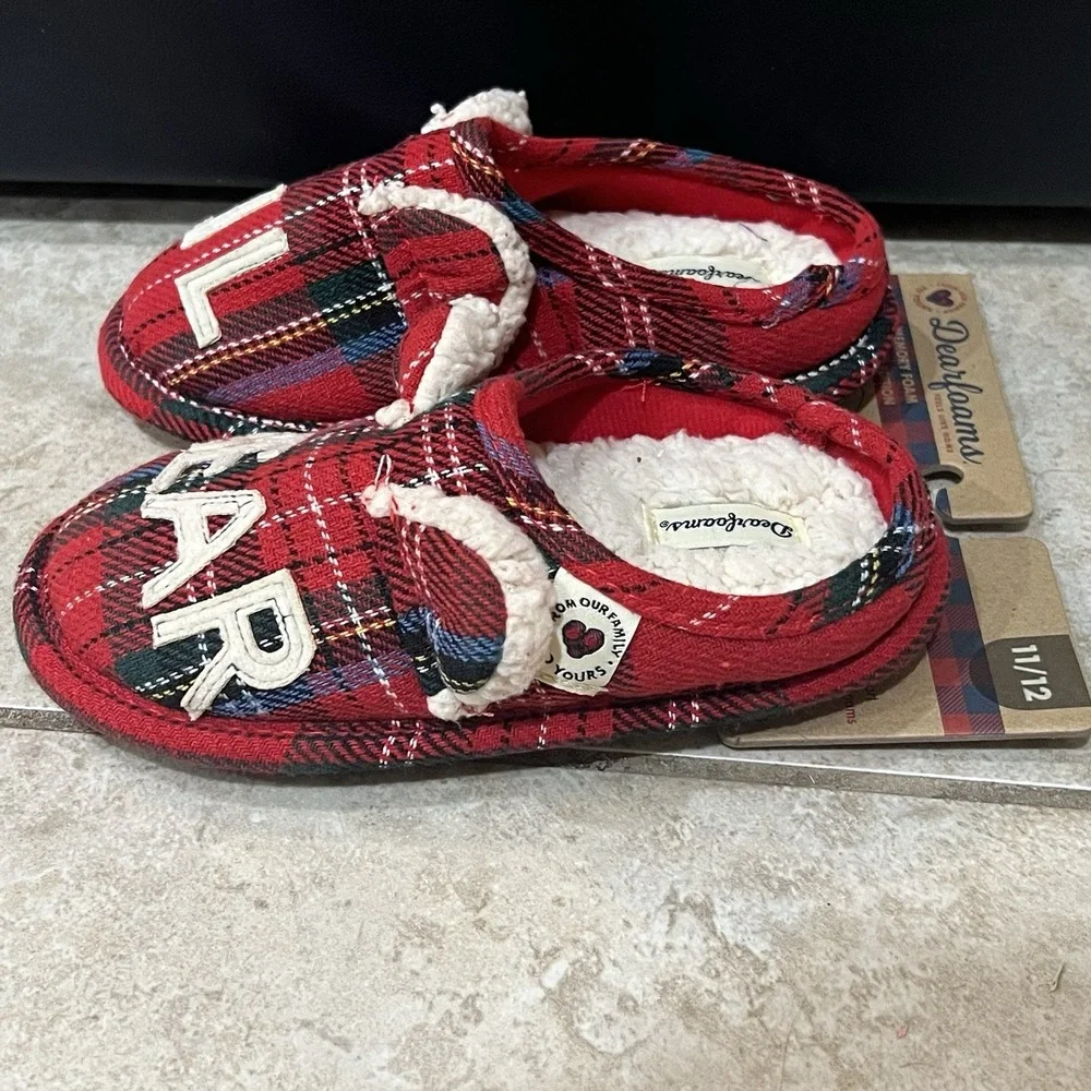 Dearfoams LIL BEAR Slippers Size 11-12 Blue White Red Plaid Child's Kid's‎ NEW